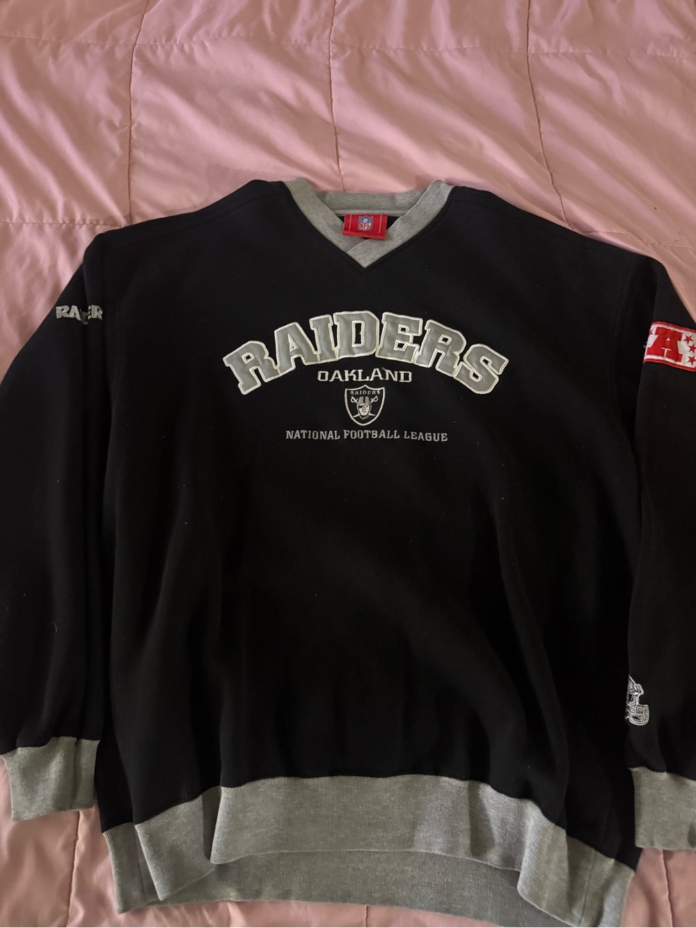 NFL Vintage Oakland Raiders Black V-Neck Pullover with Gray Trim